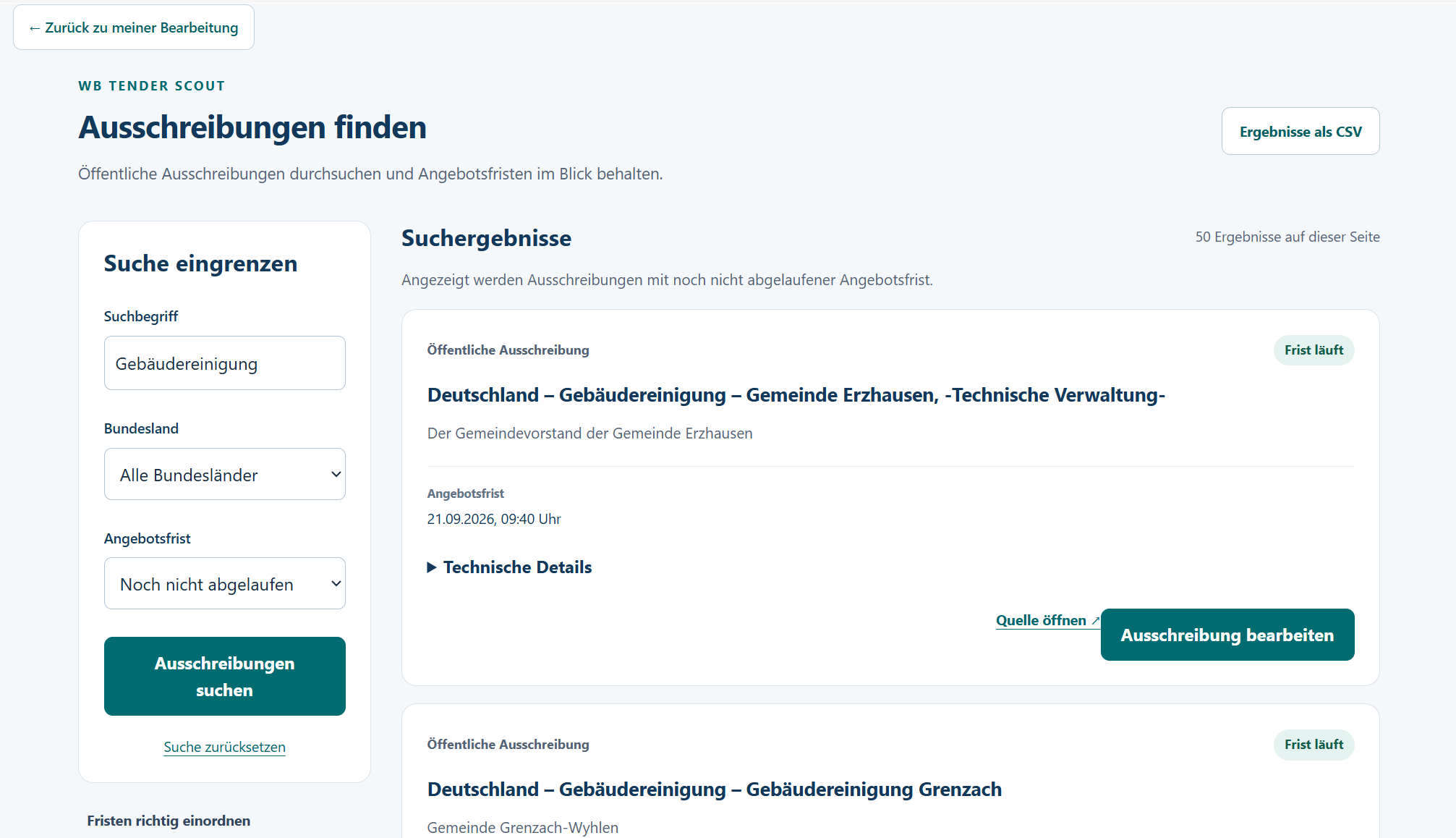 Echte WB-Tender Ausschreibungssuche